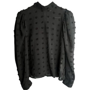 ZARA Semi Sheer Pompom Polka Dot Long Sleeve Puff Shoulder Blouse Black Size XS